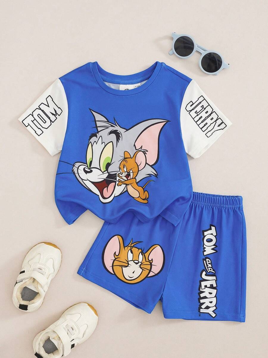 TOM & JERRY X SHEIN 男嬰卡通印花圓領短袖T恤與休閒短褲套裝 - 藍色 - 查看 1