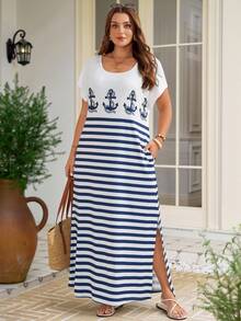 Rosumi Vestido casual de mujer talla grande con cuello redondo, manga corta y bolsillo con estampado de rayas - Multicolor - Ver 1