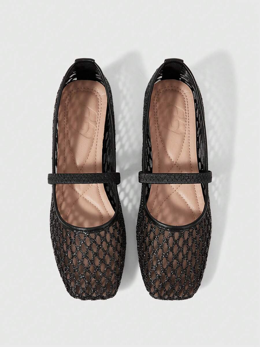 Sleekvia Zapatos Mary Jane de mujer de moda popular de verano, tejido simple con huecos transpirables, sin cordones, punta cuadrada, suela plana, multicolor - Negro - Ver 1