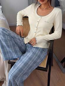 DAZY 3pcs Set Women's Pajama Set With Camisole, Short Jacket And Plaid Straight Leg Long Pants Fall - White - View 6