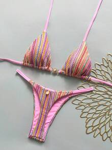 Swim Mod Women's Spring/Summer New Special Fabric Metal Decor V-Neck Halter Backless Triangle Studded Bikini Swimsuit 2-Piece Set - Pink - View 1