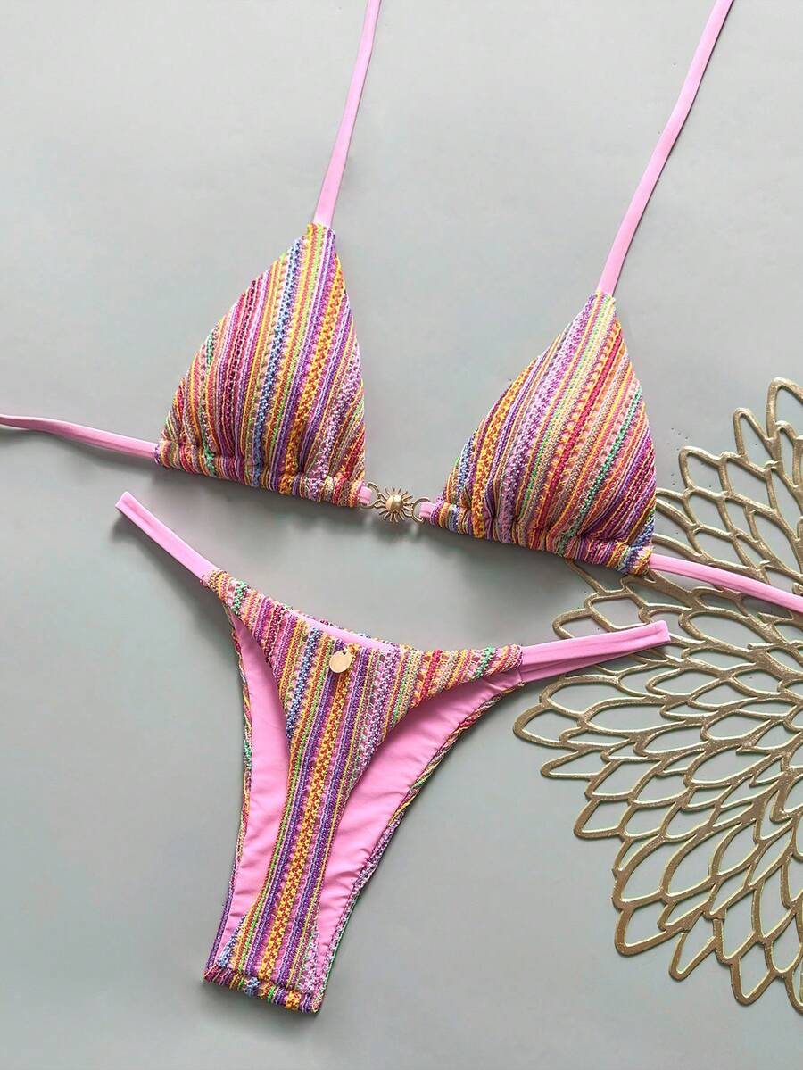 Swim Mod Women's Spring/Summer New Special Fabric Metal Decor V-Neck Halter Backless Triangle Studded Bikini Swimsuit 2-Piece Set - Pink - View 1