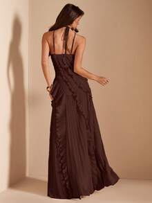 SHEIN BAE 女士粉色露背褶皱高开衩连衣裙，适合婚礼宾客、情人节、春夏穿着 - 咖啡棕 - 查看 2