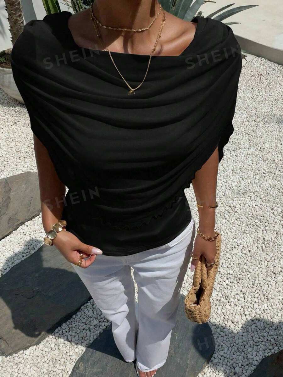 Aloruh 女款優雅休閒性感垂領抓褶T恤，夏季外出晚餐上衣，黑色 - 黑色 - 查看 1