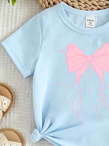Elladie kids 女童時尚清新極簡風粉色蝴蝶結與愛心圖案印花休閒基礎款短袖T恤 - 藍色 - 查看 6