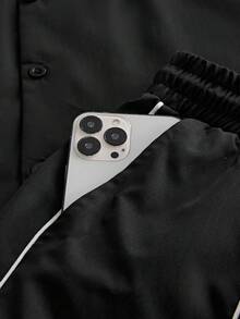 SWAVVY Conjunto de camisa de manga corta con rayas bordadas y abotonadura sencilla y pantalones cortos con cintura de cordón para hombre - Negro - Ver 4