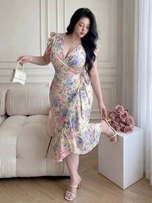 Vibekara Plus Size Women's Ruffle Flutter Sleeve Floral Print Waist-Defining A-Line Woven Dress - Yellow - View 6