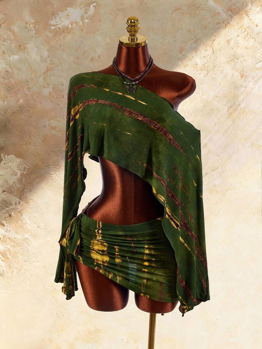 Amplova Women's 2 Pieces Dark Green Branch Sexy Bohemian Boho Art Style Cover-Up Set Vacation Summer - Army Green - View 1