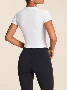SHEIN BAE Women's Rhinestone Embellished Zipper Design Short Sleeve Equestrian Top Elegant And Casual Crystal Everyday White Casual Sports - White - View 4