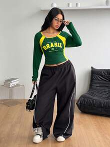Coolane Damen Große Größen Herbst Streetwear Anti Social Smart Lässig Baggy Vintage Ausgehen Fitness Sport Club Urlaub Baumwolle Gelb Grün Farbblock Jersey Top - Grün - Übersicht 3