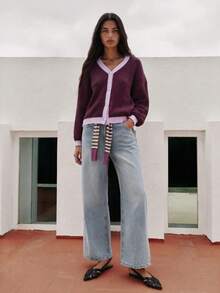 Nöista Ribbed Knit Cardigan In Burgundy With Purpple Contrast Trim, V-Neck, Button Front. Autumn Layering, College, Office, Chic, Cozy Fall. Winter Clothes.. - Rose Red - View 2