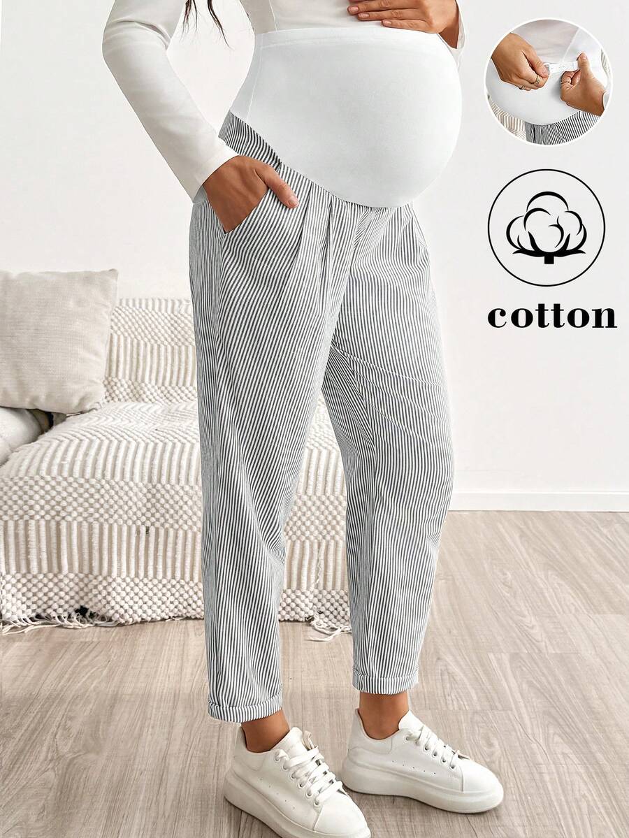 SHEIN Umstandshose gestreift mit verstellbarer Taille, lässig-schick, vielseitig für den Alltag, lang, Herbst, für Heimkehr und Fotoshooting, Weiß - Schwarz und Weiss - Übersicht 1