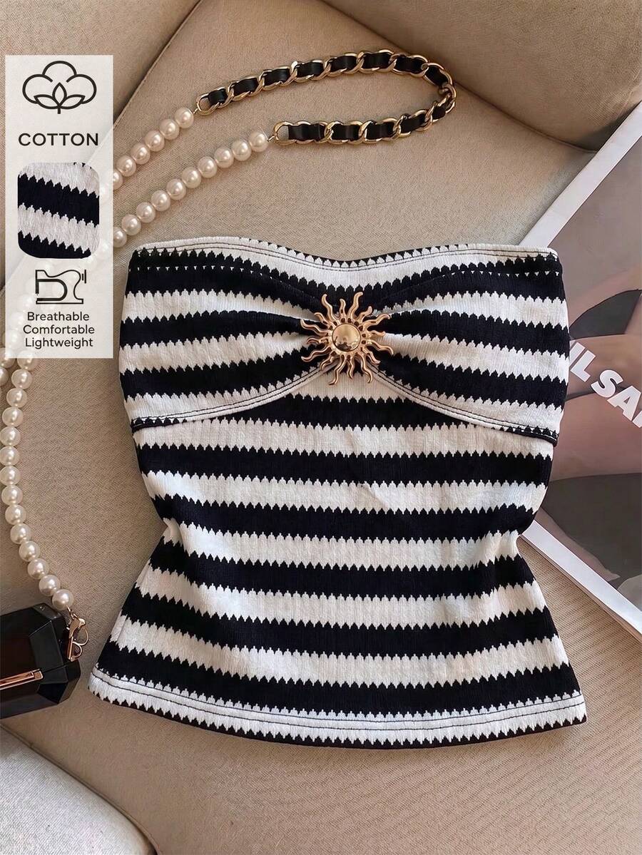 Franclia Women's Metal Sun Decor Striped Bandeau Top - Black and White - View 1