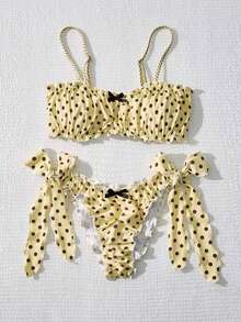 Swim Mod Set Pakaian Renang Wanita untuk Liburan, Atasan Camisole Motif Polkadot dengan Dekorasi Pita 3D dan Bawahan Bikini Segitiga - Aprikot - View 2