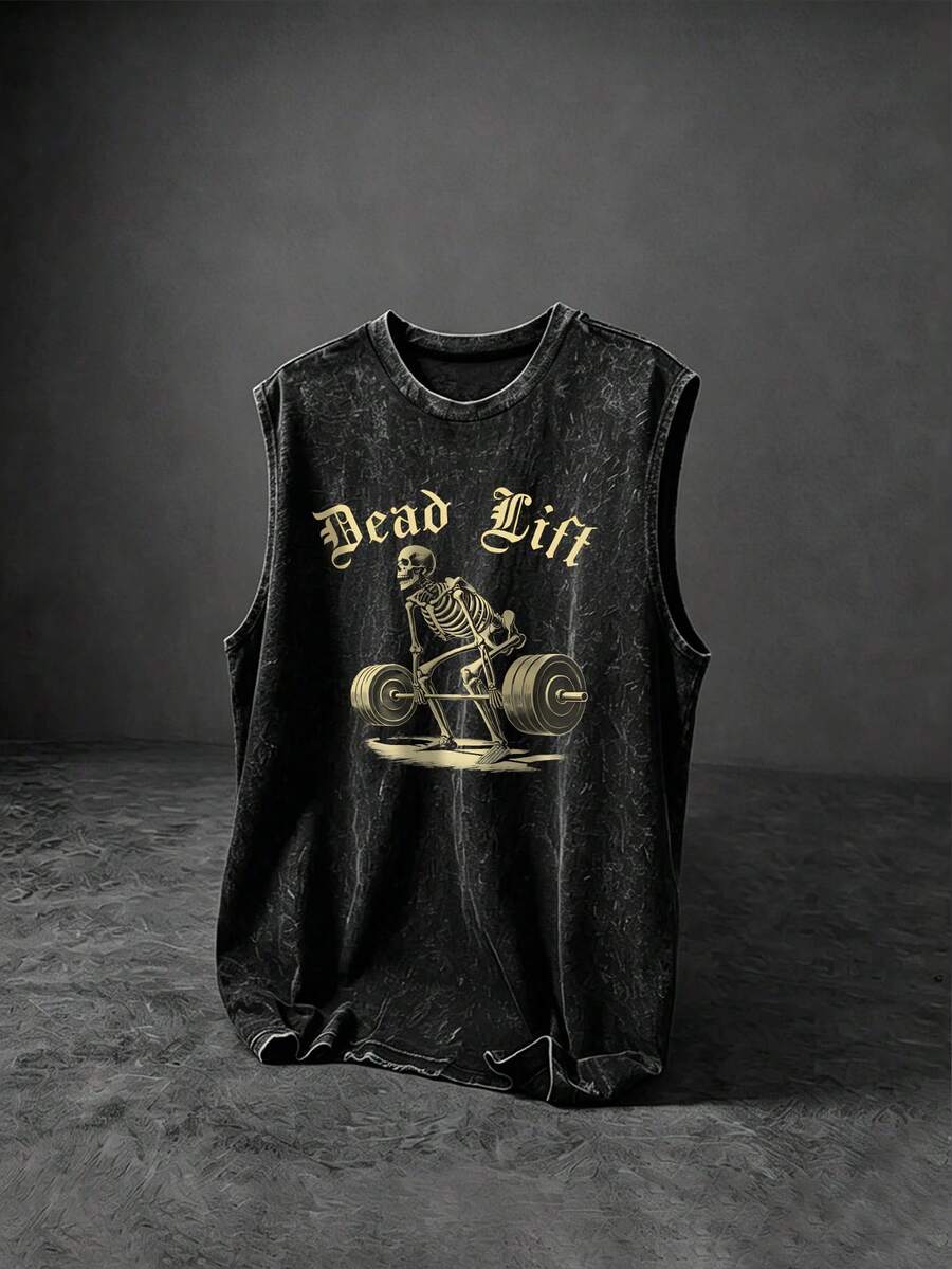 Sport MetroGents Men's Letter Skeleton Print Round Neck Sports Tank Top, Gym - Black - View 1