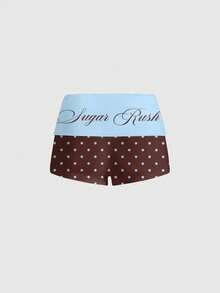 ROMWE Y2K Celana Pendek Wanita Seksi Berpotongan Rendah Motif Polkadot Cokelat dengan Slogan - Biru - View 2