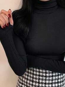 DAZY 女款高領動物印花修身休閒T恤 - 黑色 - 查看 6