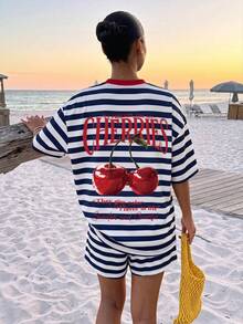 Muchica Women's Summer Cherry Striped Loose Vacation 2-Piece Set, Cherry Striped Print Round Neck Short Sleeve T-Shirt And Striped Shorts Set, Suitable For Spring Wear. - Multicolor - View 8