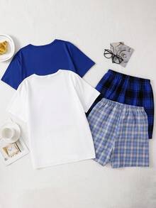 SHEIN Teen Boy Short Sleeve Top & Plaid Shorts Loungewear - Multicolor - View 2