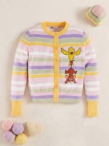 TOM & JERRY X SHEIN Tween Girl Cartoon Animal Stripe Print Round Neck Cardigan - Multicolor - View 1