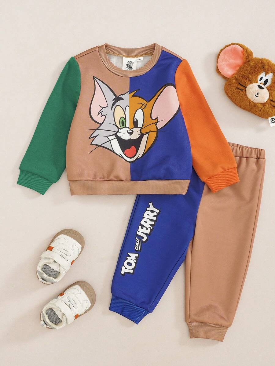 TOM & JERRY X SHEIN طقم كاجوال للأطفال الأولاد بطبعة كرتونية، بلوزة رياضية بأكمام طويلة وبنطلون رياضي - متعدد الألوان - مشاهدة 1