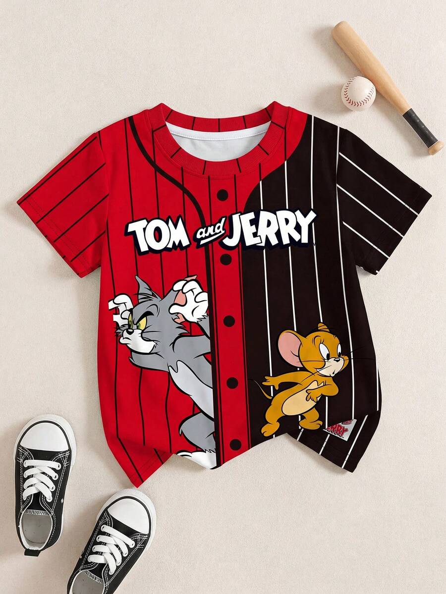 TOM & JERRY X SHEIN 男童休闲日常通勤时尚街头趣味卡通字母图案撞色短袖T恤,夏季 - 白色 - 查看 1