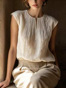 SHEIN Franclia 女款米色V領上衣，優雅波希米亞風襯衫，上班度假穿搭，鄉村風社交休閒夏季上衣 - 杏色 - 查看 7