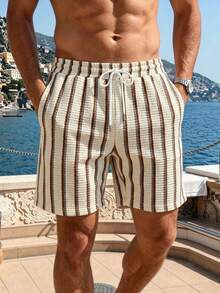 VENTUSAIL 男士夏季休閒日常通勤條紋印花抽繩腰斜口袋寬鬆短褲 - 彩色 - 查看 5