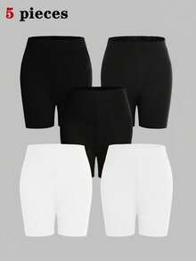 5pcs/Set Girls' Black Solid Color Minimalist Comfortable Tight Shorts/Leggings - Multicolor - View 3
