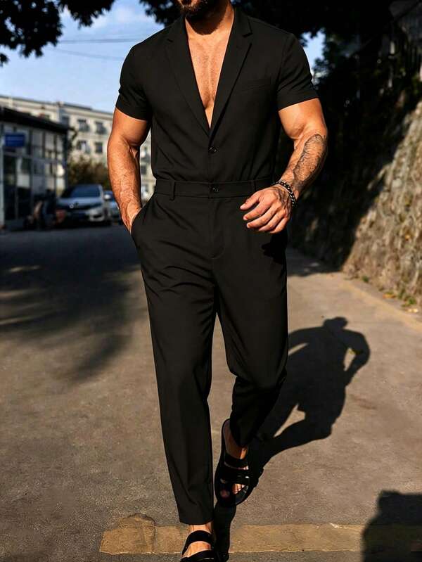 Manfinity Homme Men's Jumpsuit And Overalls, Short Sleeve Long Pants Style, Black Cool-Touch Wrinkle-Resistant Fabric, Mature Casual Style