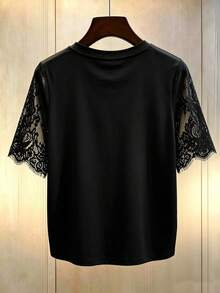 GlowEve CURVE Plus Size Women's French Elegant Gentle Style Contrast Lace Trim Short Sleeve Round Neck T-Shirt, Suitable For Minimalist Casual Wear, Daily Commute, Light Social Occasions - Black - View 2