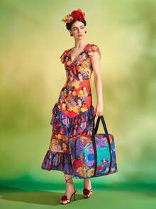 Frida Kahlo X SHEIN Frida 花卉可折疊旅行托特包，聚酯纖維行李套筒附手把，大容量旅行與購物手提袋，送給藝術與旅行愛好者的禮物 - 深湖水藍 - 查看 5