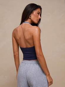 Glamine Women's Summer Sports Halter Neck Backless V-Neck Bow Decor Colorblock Fitted Sports Tank Top - Navy Blue - View 7
