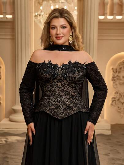 Glamrae Plus Size Elegant Romantic Fashion Black Sequin Embroidered Fabric Chiffon Skirt Strapless Off-Shoulder Long Sleeve Cup Backless A-Line Long Elegant Party Dress Wedding Guest Dress Black Dress Birthday Party Dress Formal Evening Gown (Heavy Workmanship)