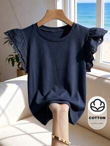 Franclia Women's Solid Color Round Neck Hollow Embroidery Ruffle Sleeve Casual T-Shirt - Navy Blue - View 5
