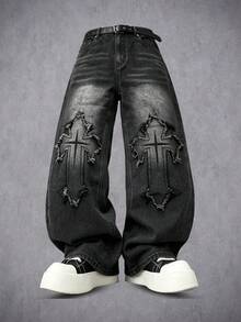 Manfinity Denimwave 男士街頭風哥德式十字印花黑白對比牛仔喇叭褲 - 黑色 - 查看 2