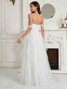 SHEIN Belle Off-Shoulder, geraffte Brust, mehrschichtiger asymmetrischer Rüschensaum Brautjungfernkleid (Erwachsene) - Weiss - Übersicht 2