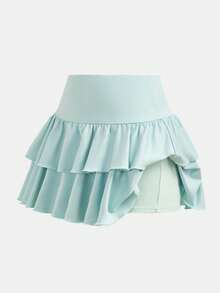 SHEIN Girlism 青少年女孩休閒運動學院風返校穿搭 薄荷綠內建內搭褲雙層荷葉邊蛋糕迷你裙 - 薄荷綠 - 查看 6