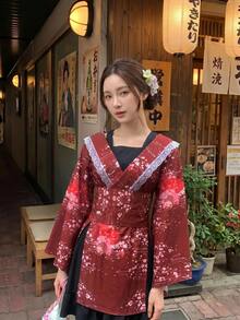 Irokai 女款花卉印花蕾絲拼接收腰長袖浴袍，不含風扇 - 彩色 - 查看 1
