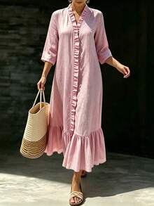 SHEIN LUNE CURVE Plus Size Women's Commute, Casual, Elegant 3/4 Sleeve Ruffle Trim Long Dress, Loose Fit, Crinkle Fabric, Pink, Suitable For Spring/Summer, Easter, Elegant Summer Holiday Outfit - Pink - View 3