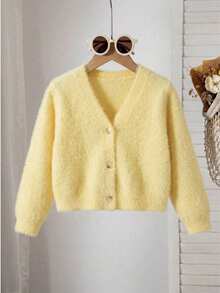 SHEIN Playful Pals Áo cardigan len dệt mềm thời trang cho bé gái mùa thu/đông, tay dài, phong cách tối giản - Màu vàng - Xem 1