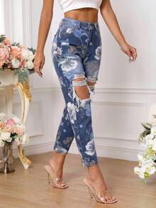 SHEIN PETITE 女款花卉圖案口袋鈕扣做舊設計休閒日常牛仔褲 - 藍色 - 查看 3