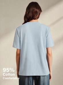 Anewsta Minimalist Elegant Beaded T-Shirt, Heavy Floral Embroidery Round Neck Versatile Daily Women's T-Shirt - Blue - View 2