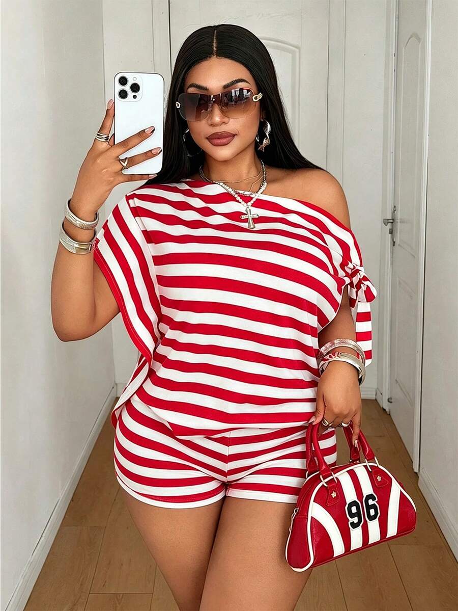 Mawevolt Plus Size Skin-Friendly Top & High-Waist A-Line Shorts Set, Slouchy Relaxed Loose Off-Shoulder Off-Shoulder European & American Hot Girl Style Red & White Striped Two Pieces Outfit - Red - View 1