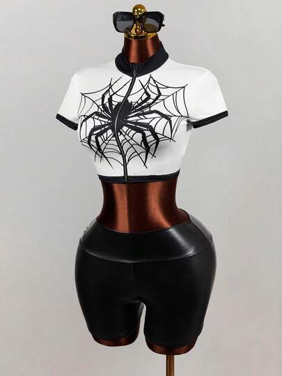 Mistrie Women's Contrast Trim Spider Print Zipper Casual Streetwear Versatile Daily Night Out Outing Short Sleeve T-Shirt White Animal Print Summer