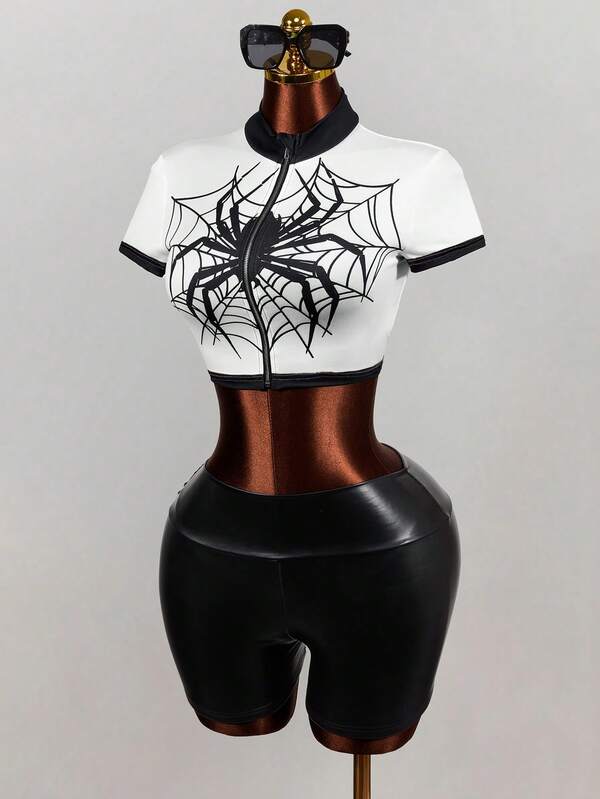 Mistrie Women's Contrast Trim Spider Print Zipper Casual Streetwear Versatile Daily Night Out Outing Short Sleeve T-Shirt White Animal Print Summer