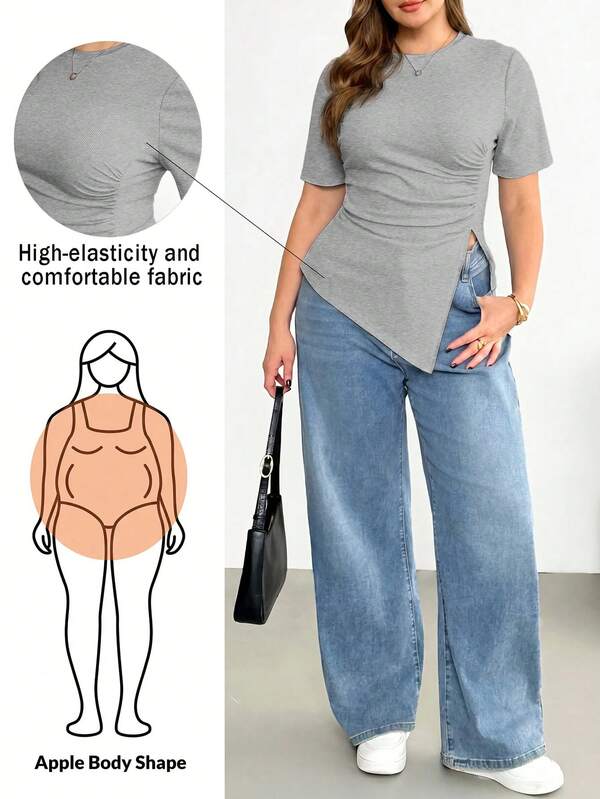 Shapeblank Plus Size Women Solid Color Round Neck Short Sleeve Asymmetric Side Slit Hem Casual Modest Whimsical T-Shirt Bussines Gray Summer