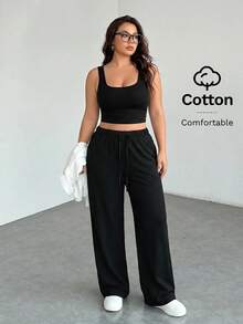 SHEIN PETITE CURVE 大尺碼舒適休閒純色針織寬腿女款運動長褲 - 黑色 - 查看 7