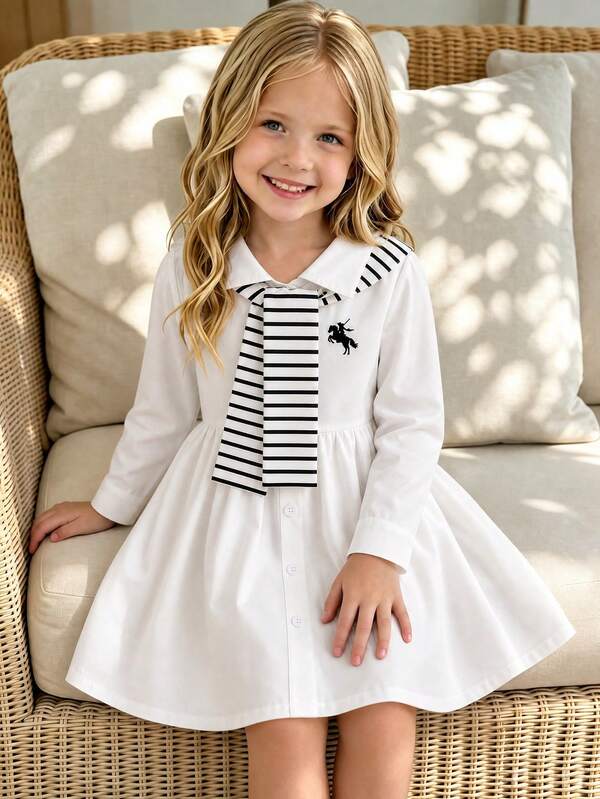 Young Girls Cream White Collared Long Sleeve Shirt Dress With Horse Embroidery, Embroidered Decorative Stripes And Shawl, Early Autumn Preppy Style For School, Shopping And Party