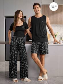 CoupledUp 男士純色刺繡愛心印花背心休閒睡衣套裝 - 黑色 - 查看 1